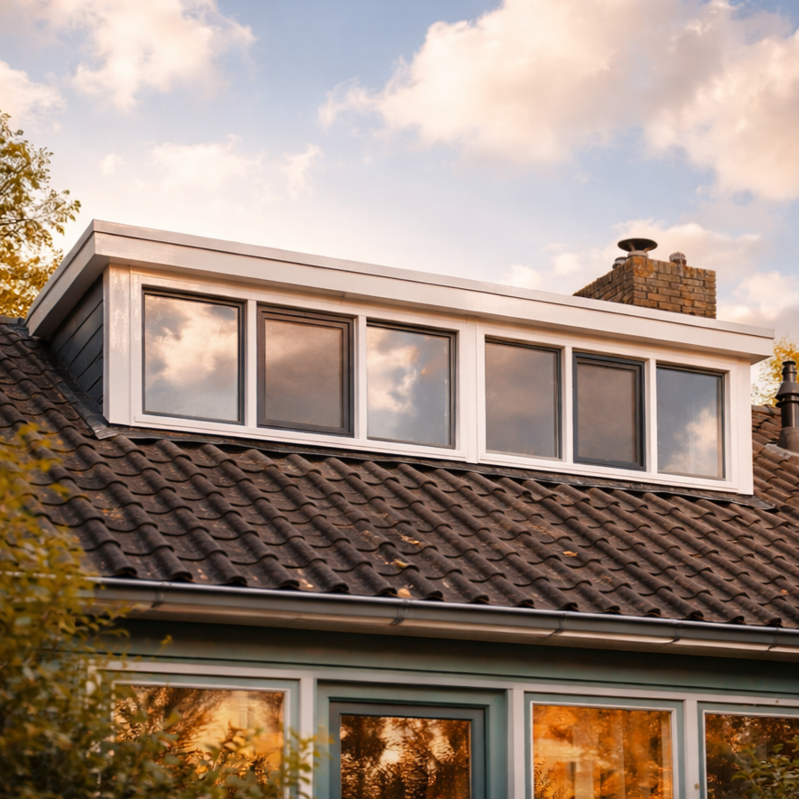 Witte dakkapel in de avondzon