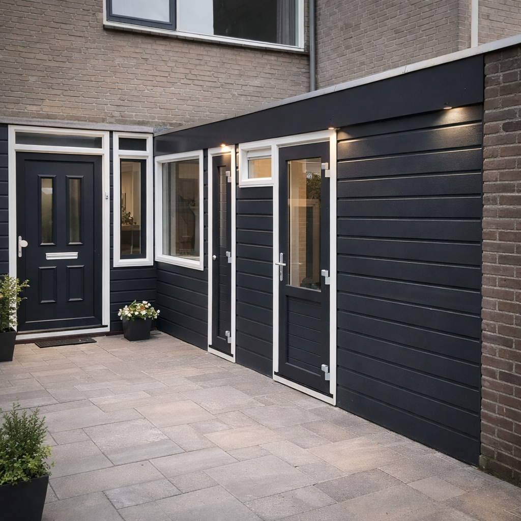 Moderne woninguitbreiding in antracietgrijs